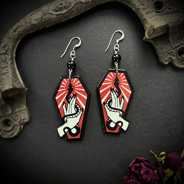 Hand and Snake Coffin Earrings with Sterling Silver and Black Onyx