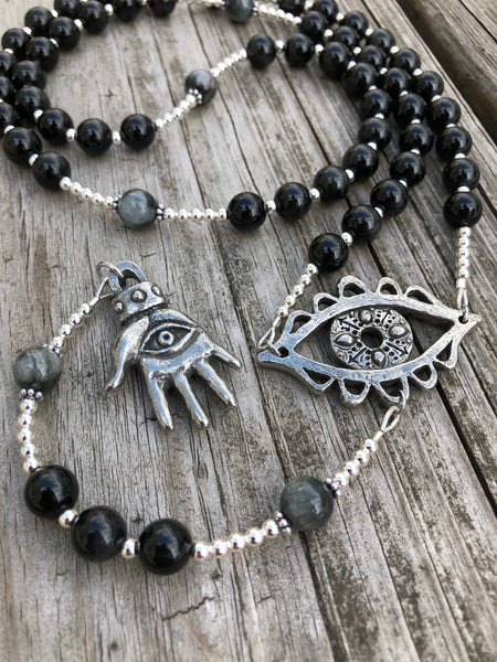 Rainbow Obsidian and Eagle Eye with Sterling Silver and Pewter Alternative Rosary