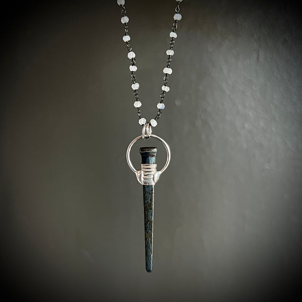 Coffin Nail Necklace with 18 Inch Moonstone Rosary Chain