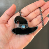 Obsidian and Rainbow Moonstone Witch Hat Necklace with Gunmetal Patina