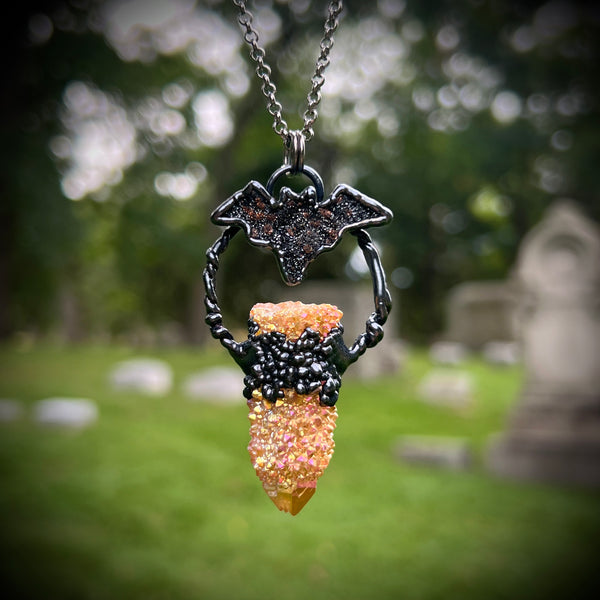 Titanium Druzy Agate Bat and Spirit Quartz Necklace