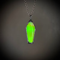 Small Uranium Glass Coffin Necklace with Gunmetal Patina