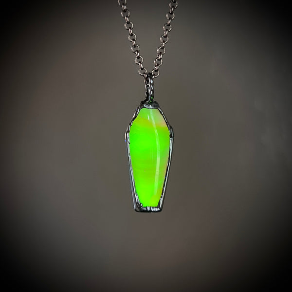 Small Uranium Glass Coffin Necklace with Gunmetal Patina