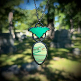 Uranium Glass and Green Billiard Ball Bat Necklace with Gunmetal Patina
