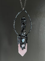 Scribe Angel on Rose Quartz and Rainbow Moonstone Necklace with Gunmetal Patina