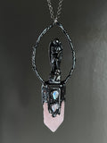 Scribe Angel on Rose Quartz and Rainbow Moonstone Necklace with Gunmetal Patina