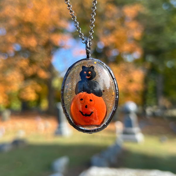 Cat on a Jack O’ Lantern Oval Blow Mold Necklace *Mockingbird Lane Exclusive*
