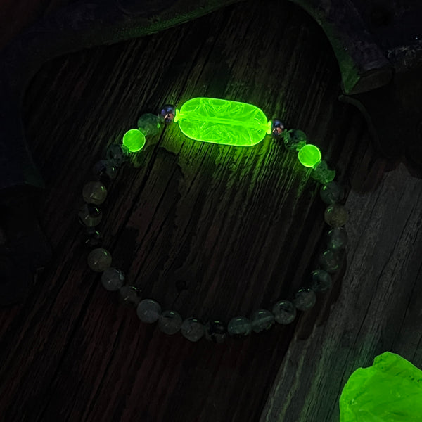 Uranium Glass and Prehnite Bracelet with Sterling Silver