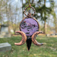 Large Charoite, Black Obsidian, and Amethyst Triple Moon Copper Necklace