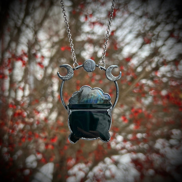 Black Obsidian and Labradorite Celestial Cauldron Necklace