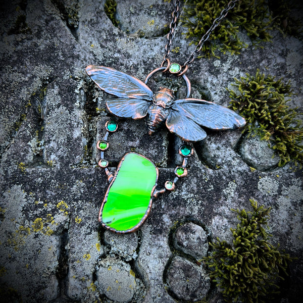 Cicada and Uranium Glass Copper Necklace