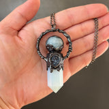 Opalite, Aquarmarine, and Druzy Agate Necklace with Gunmetal Patina