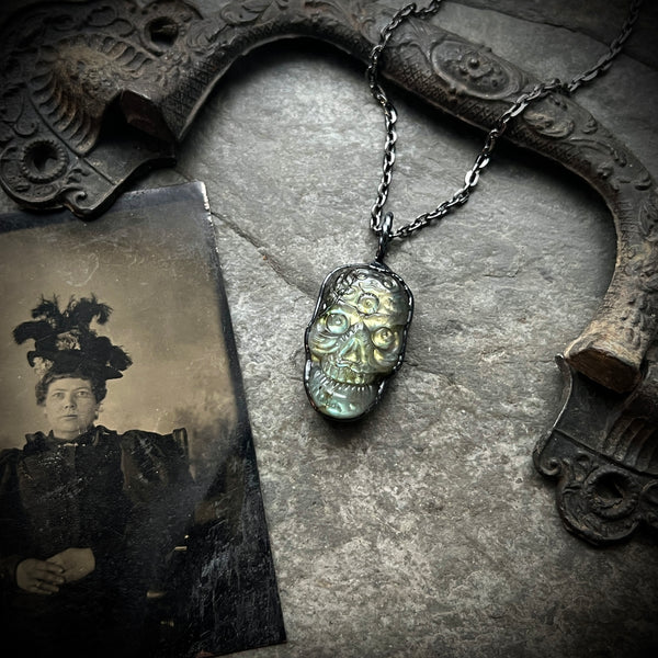 Carved Labradorite Skull Necklace with Gunmetal Patina