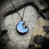 Opalite and Quartz Moon Necklace with Gunmetal Patina
