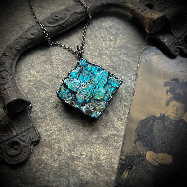 Carved Labradorite Butterfly Necklace with Gunmetal Patina