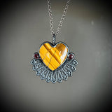 Tigers Eye and Garnet Heart Necklace with Gunmetal Patina