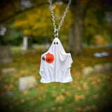 Hand Painted Byron Ghost Holding a Jack O’Lantern Blow Mold Necklace *Varnish Coated*