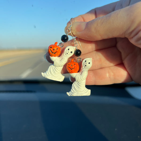Hand Painted Ghost Holding a Jack O’Lantern Blow Mold Earrings with Sterling Silver and Black Onyx