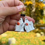 Hand Painted Boyd Ghost Holding a Jack O’Lantern Blow Mold Earrings with Sterling Silver and Black Onyx