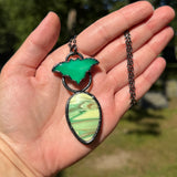 Uranium Glass and Green Billiard Ball Bat Necklace with Gunmetal Patina