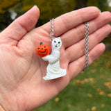 ***DISCOUNTED*** Hand Painted Ghost Holding a Jack O’Lantern Blow Mold Necklace *Varnish Coated*