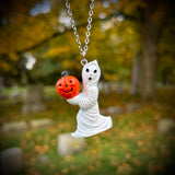 Hand Painted Ghost Holding a Jack O’Lantern Blow Mold Necklace *Varnish Coated*