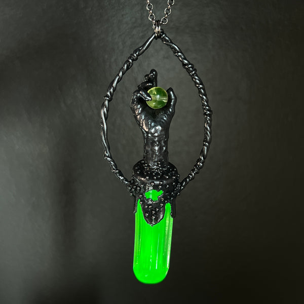 Zombie Hand and Uranium Glass Necklace with Gunmetal Patina