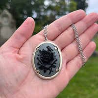 Black Rose on Gray Background Cameo Necklace