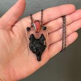 Black Obsidian Wolf Necklace with Aurora Opal and Black Onyx