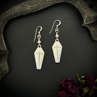 White Enameled Coffin Earrings with Sterling Silver