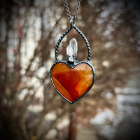 Carnelian Heart Necklace with Quartz and Gunmetal Patina