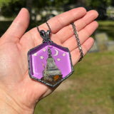 Large Hexagon Burial Plot Necklace with Purple Background  and Gunmetal Patina *Mockingbird Lane Exclusive*
