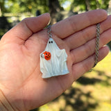 Hand Painted Byron Ghost Holding a Jack O’Lantern Blow Mold Necklace *Resin Dipped*