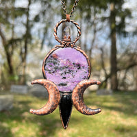 Large Charoite, Black Obsidian, and Amethyst Triple Moon Copper Necklace