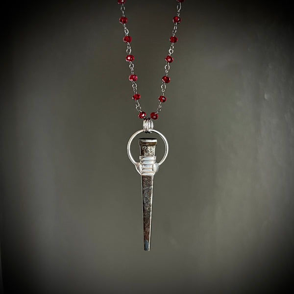 Coffin Nail Necklace with 18 Inch Garnet Rosary Chain