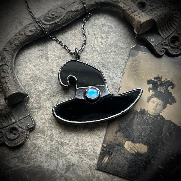 Obsidian and Rainbow Moonstone Witch Hat Necklace with Gunmetal Patina