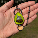 Teardrop Burial Plot Necklace with Yellow Background, Uranium Glass, and Gunmetal Patina *Mockingbird Lane Exclusive*