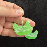 Glow in the Dark Hen Earrings with Uranium Glass