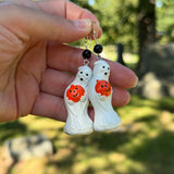 Hand Painted Ghost Holding a Jack O’Lantern Blow Mold Earrings with Sterling Silver and Black Onyx