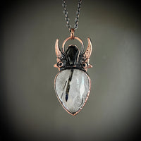 Celestial Tourmalinated Quartz Necklace with Black Agate Coffin
