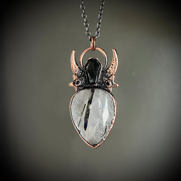 Celestial Tourmalinated Quartz Necklace with Black Agate Coffin