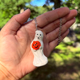 Hand Painted Ghost Holding a Jack O’Lantern Blow Mold Necklace *Resin Dipped*