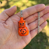 Hand Painted Cat in a Jack O’Lantern Blow Mold Necklace