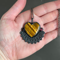 Tigers Eye and Garnet Heart Necklace with Gunmetal Patina