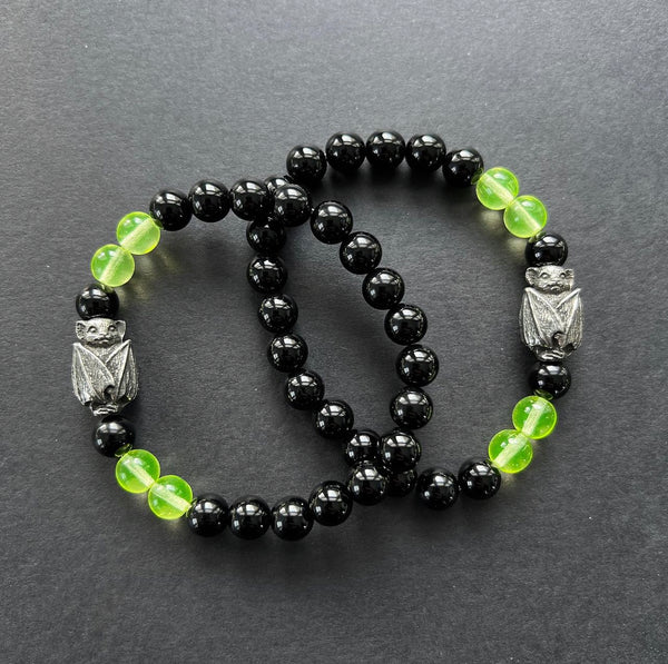 Bat Bracelet with Uranium Glass and Black Onyx