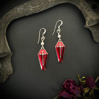 Red Enameled Coffin Earrings with Sterling Silver