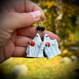 Hand Painted Boyd Ghost Holding a Jack O’Lantern Blow Mold Earrings with Sterling Silver and Black Onyx
