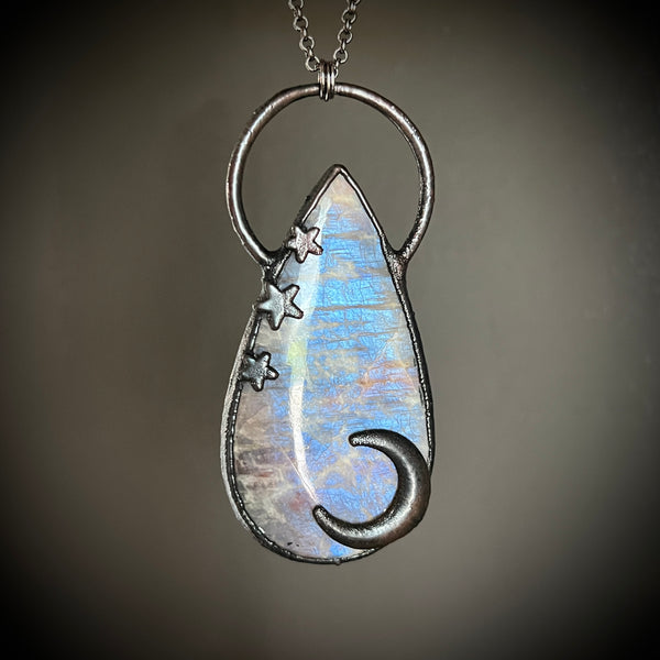 Large Celestial Belomorite Necklace with Gunmetal Patina