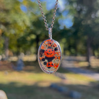 Cat and Jack O’ Lantern Small Oval Blow Mold Necklace B *Mockingbird Lane Exclusive*