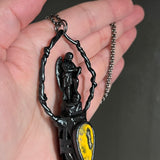 Scribe Angel on Black Obsidian and Bumblebee Jasper Necklace with Gunmetal Patina